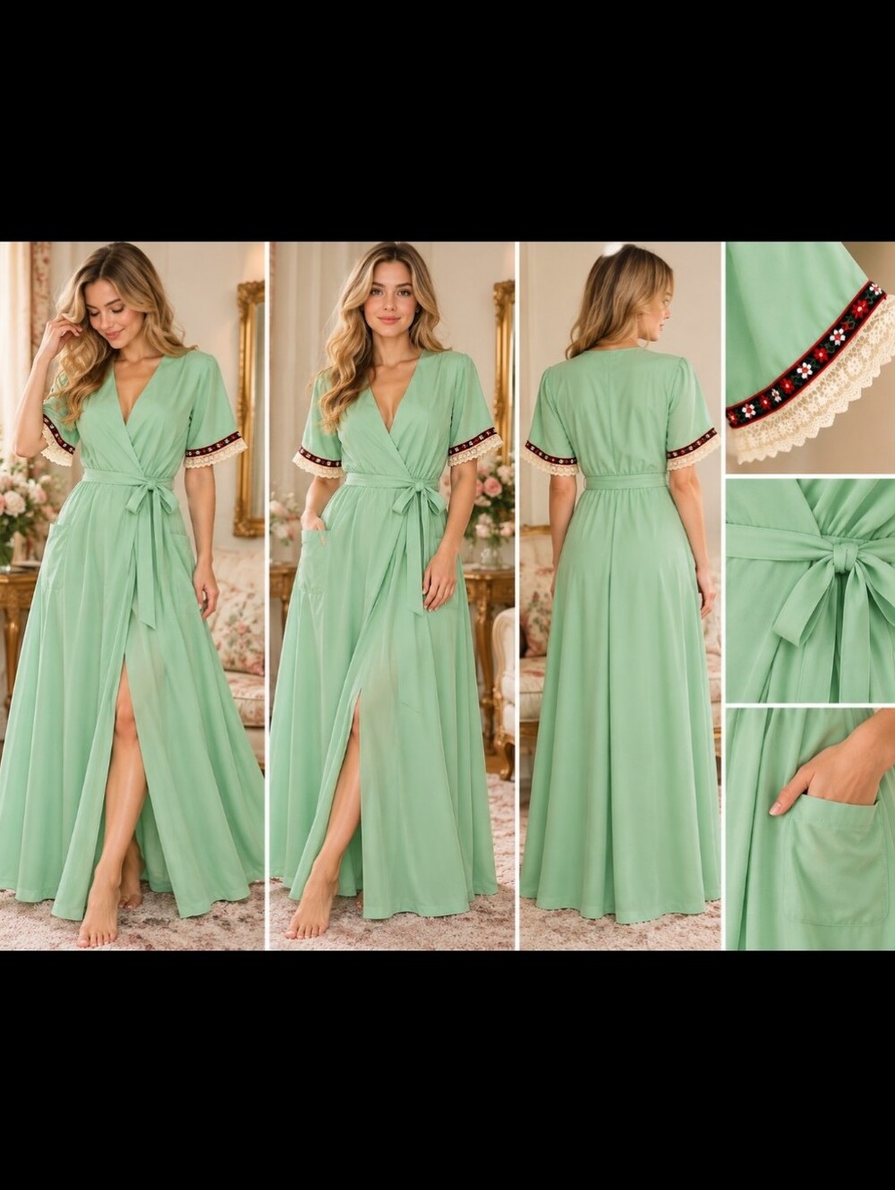 Vintage 1960s Plaza 9 Mint Green Nylon Robe Housecoat, Lace Trim, Floral Ribbon